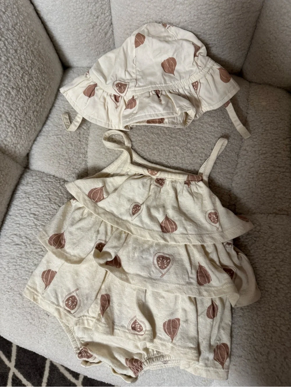 Cream Ruffle Baby One-Piece Bodysuit with Matching Sun Hat